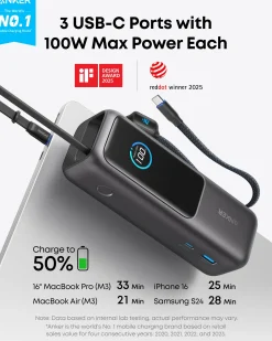Anker Laptop Power Bank (25K, 165W, Built-In and Retractable Cables)