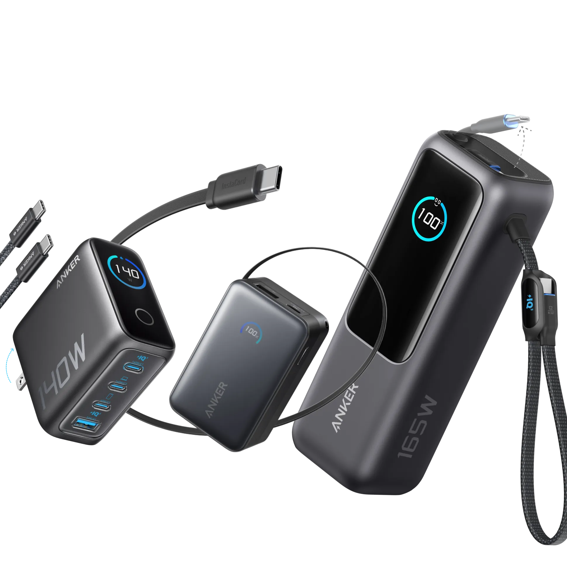 Anker Laptop Power Bank (25K, 165W, Built-In and Retractable Cables) and Anker Laptop Charger (140W, 4-Port, PD 3.1) with USB-C Cable and Anker Nano Power Bank (10K, 45W, Built-In Retractable USB-C Cable)