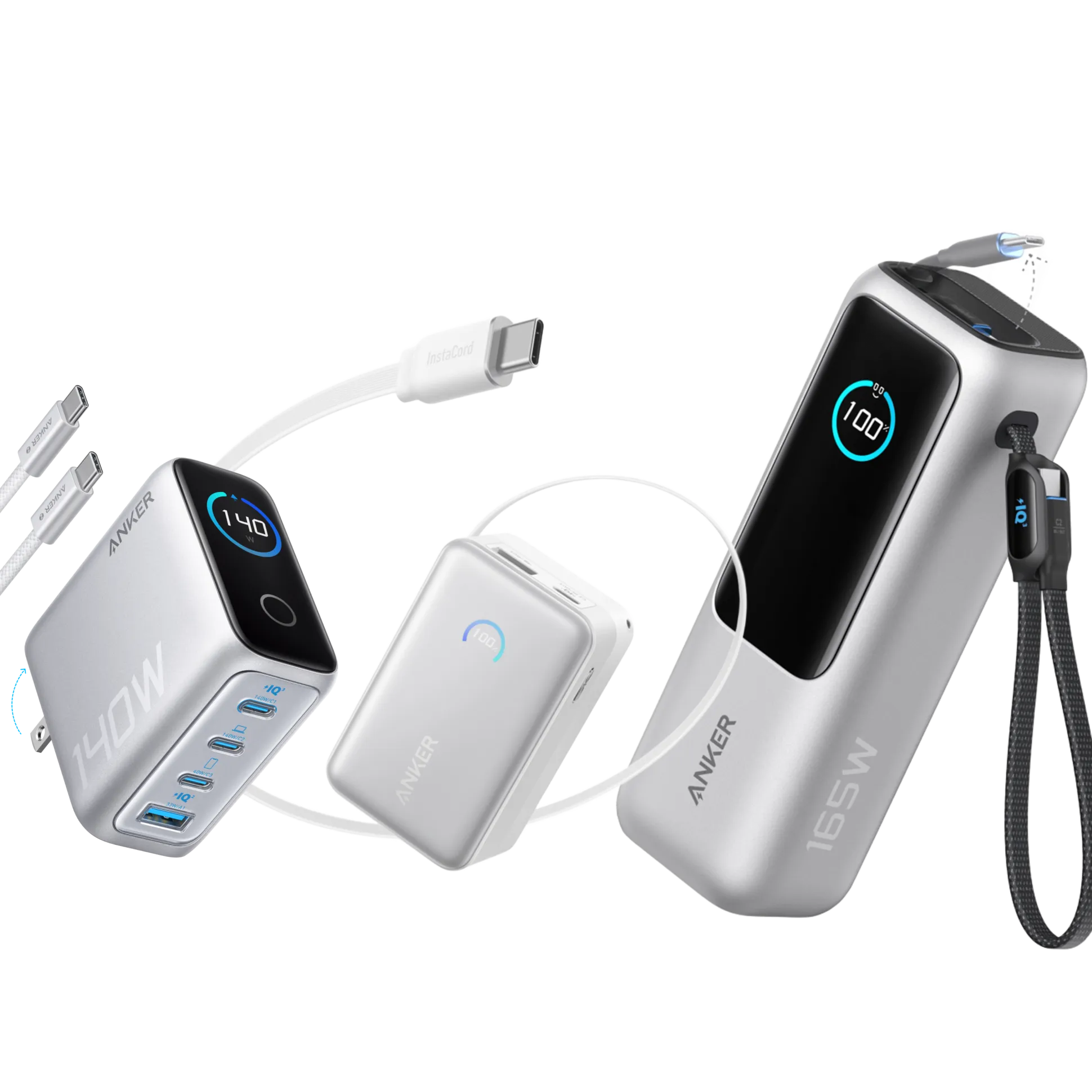 Anker Laptop Power Bank (25K, 165W, Built-In and Retractable Cables) and Anker Laptop Charger (140W, 4-Port, PD 3.1) with USB-C Cable and Anker Nano Power Bank (10K, 45W, Built-In Retractable USB-C Cable)
