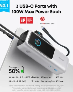 Anker Laptop Power Bank (25K, 165W, Built-In and Retractable Cables) and Anker Laptop Charger (140W, 4-Port, PD 3.1) with USB-C Cable and Anker Nano Power Bank (10K, 45W, Built-In Retractable USB-C Cable)