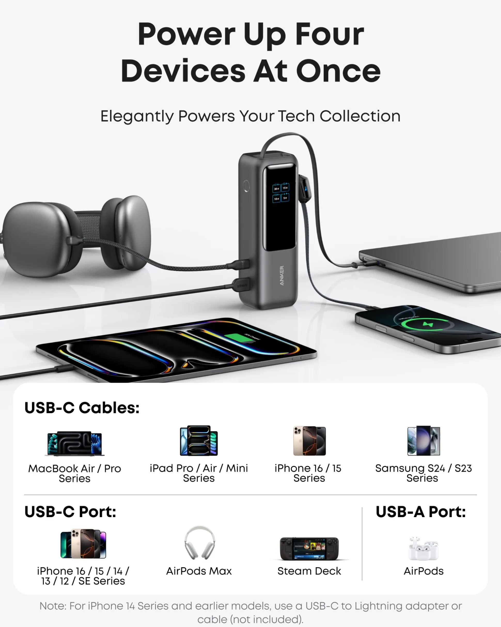 Anker Laptop Power Bank (25K, 165W, Built-In and Retractable Cables) and Anker Laptop Charger (140W, 4-Port, PD 3.1) with USB-C Cable and Anker Nano Power Bank (10K, 45W, Built-In Retractable USB-C Cable)