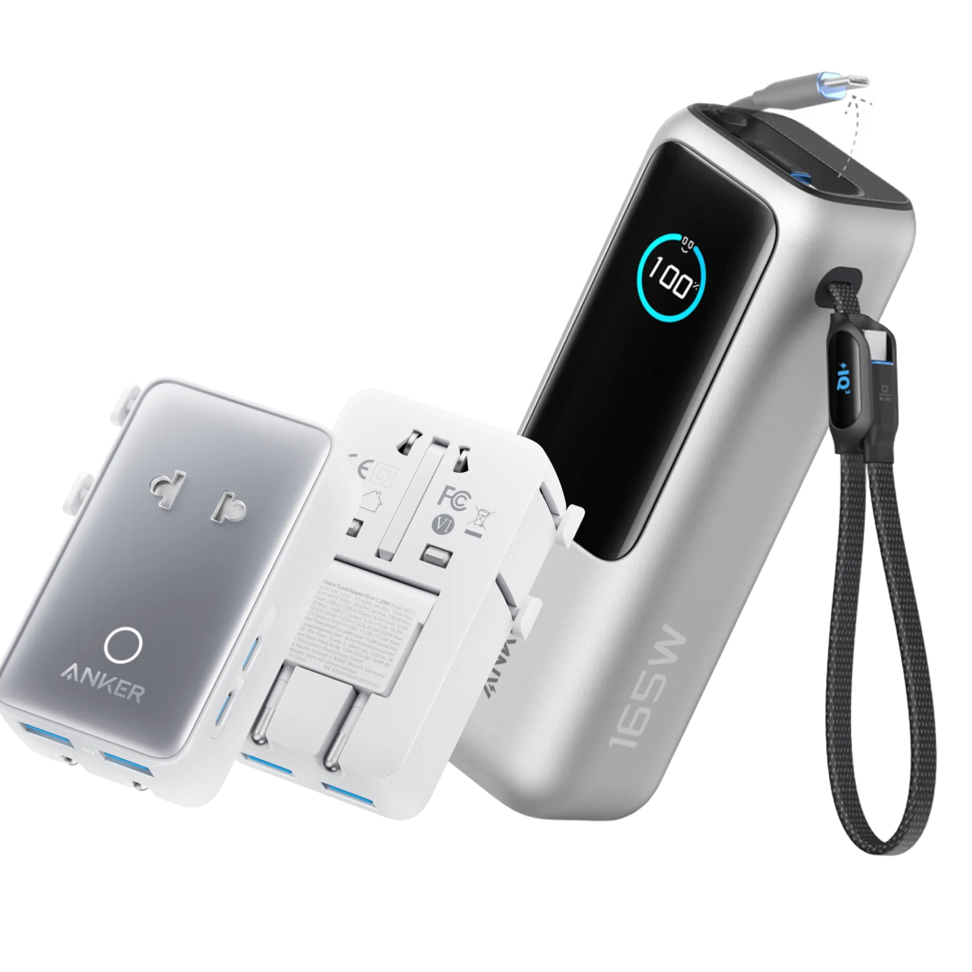 Anker Laptop Power Bank (25K, 165W, Built-In and Retractable Cables) and Anker Nano Travel Adapter (5-in-1, 20W, 1-Pack)