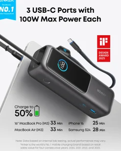 Anker Laptop Power Bank (25K, 165W, Built-In and Retractable Cables) and Anker USB-C to USB-C Cable (6 ft, 240W, Upcycled-Braided)