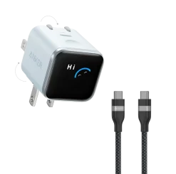 Anker Nano Charger (45W, Smart Display, 180° Foldable) and USB-C to USB-C Cable