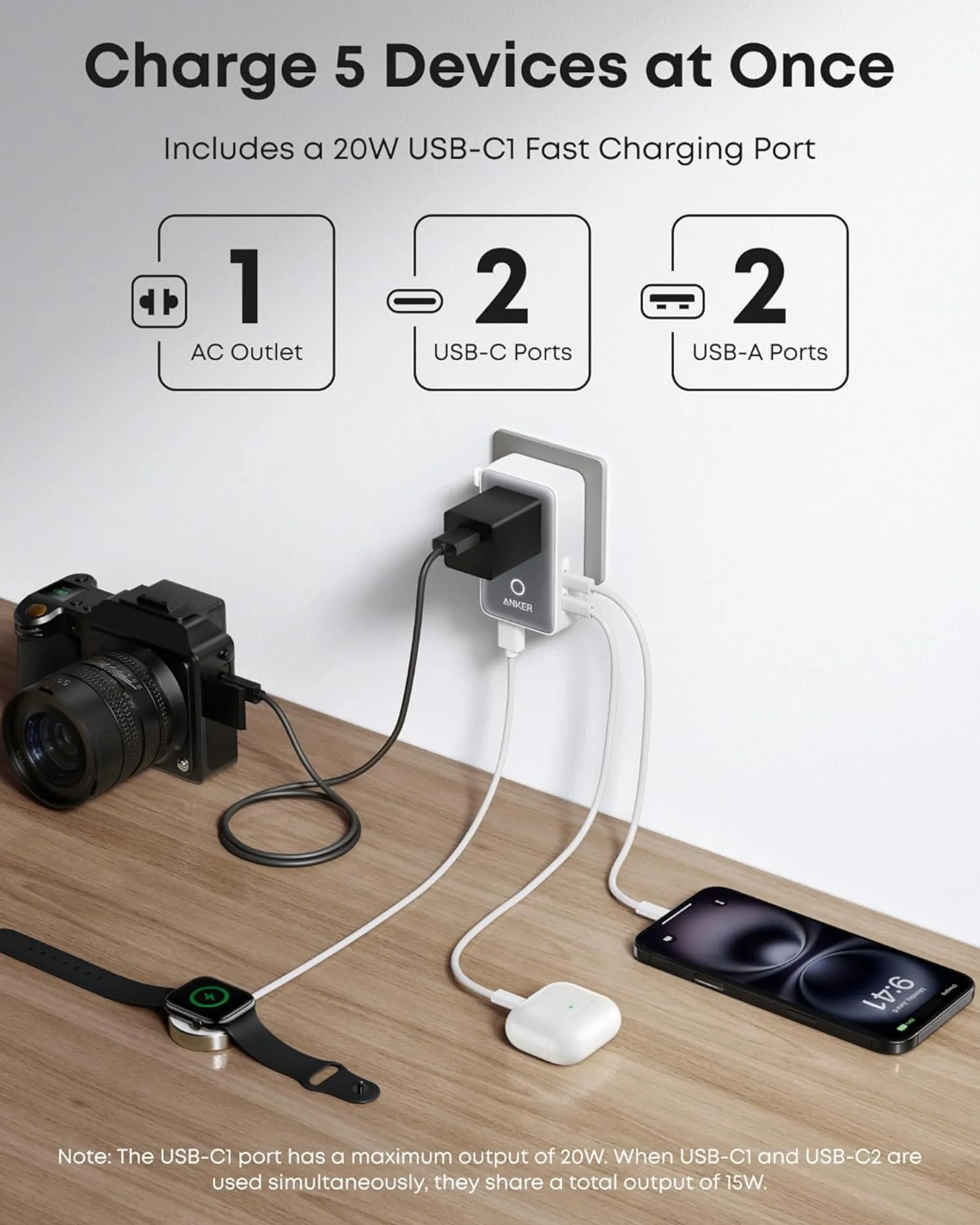 Anker Nano Travel Adapter (5-in-1, 20W, 1-Pack)