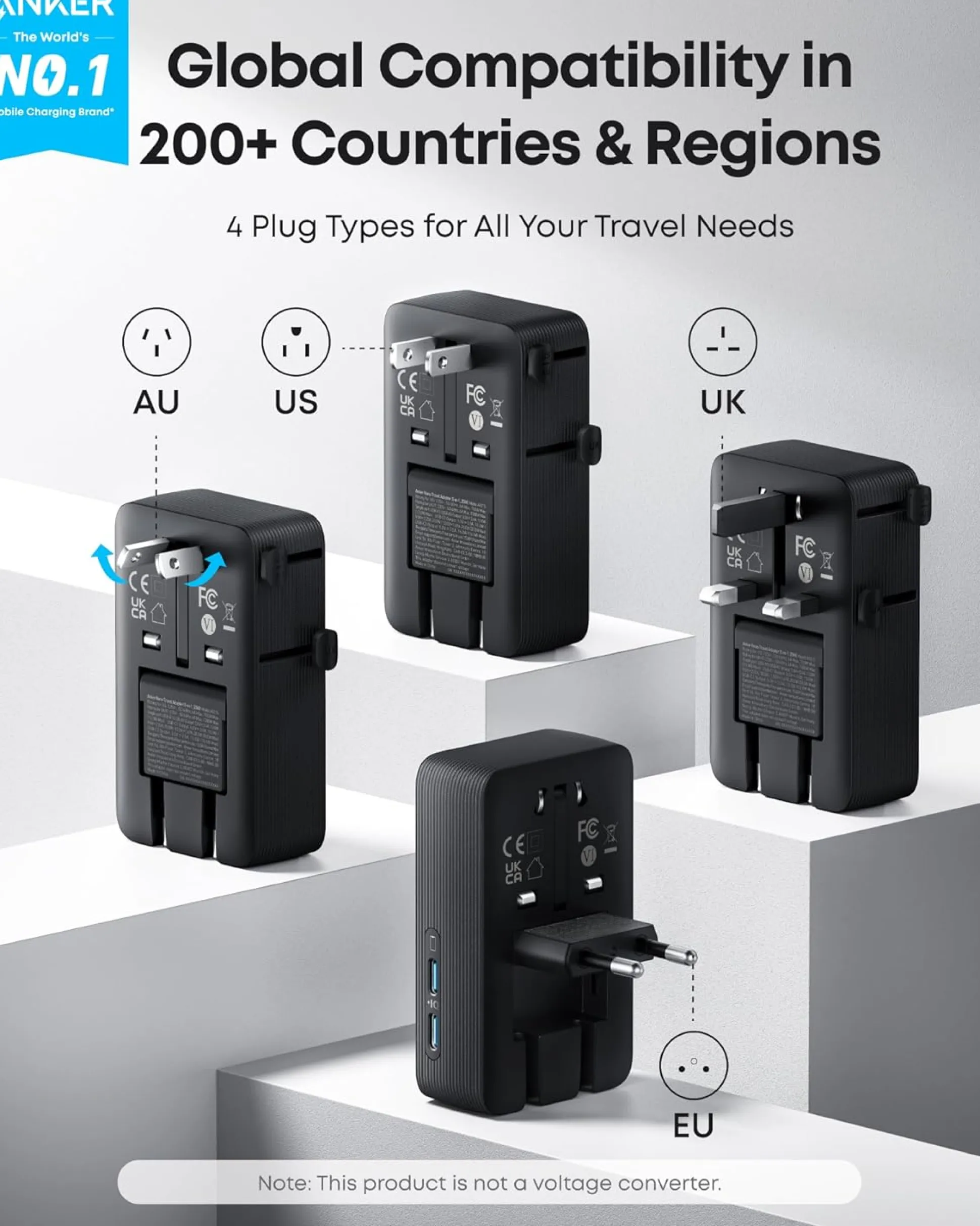 Anker Nano Travel Adapter (5-in-1, 20W, 1-Pack)