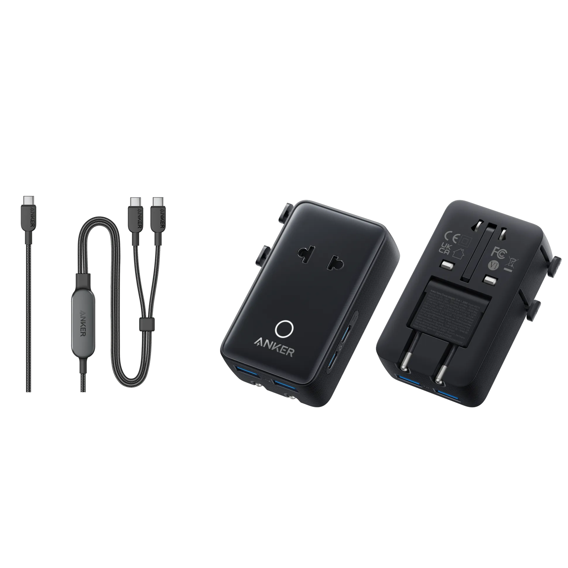Anker Nano Travel Adapter (5-in-1, 20W, 1-Pack) and Anker 140W 2-in-1 USB-C to USB-C Cable