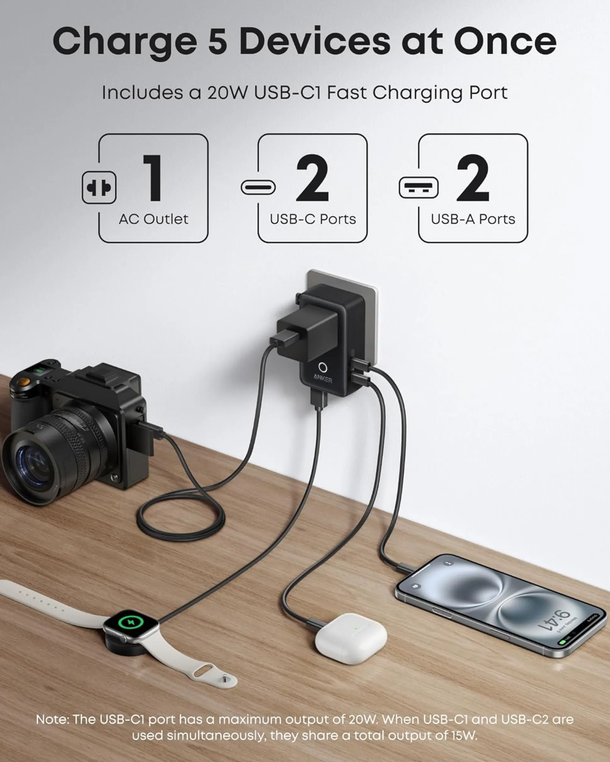 Anker Nano Travel Adapter (5-in-1, 20W, 1-Pack) and Anker 140W 2-in-1 USB-C to USB-C Cable