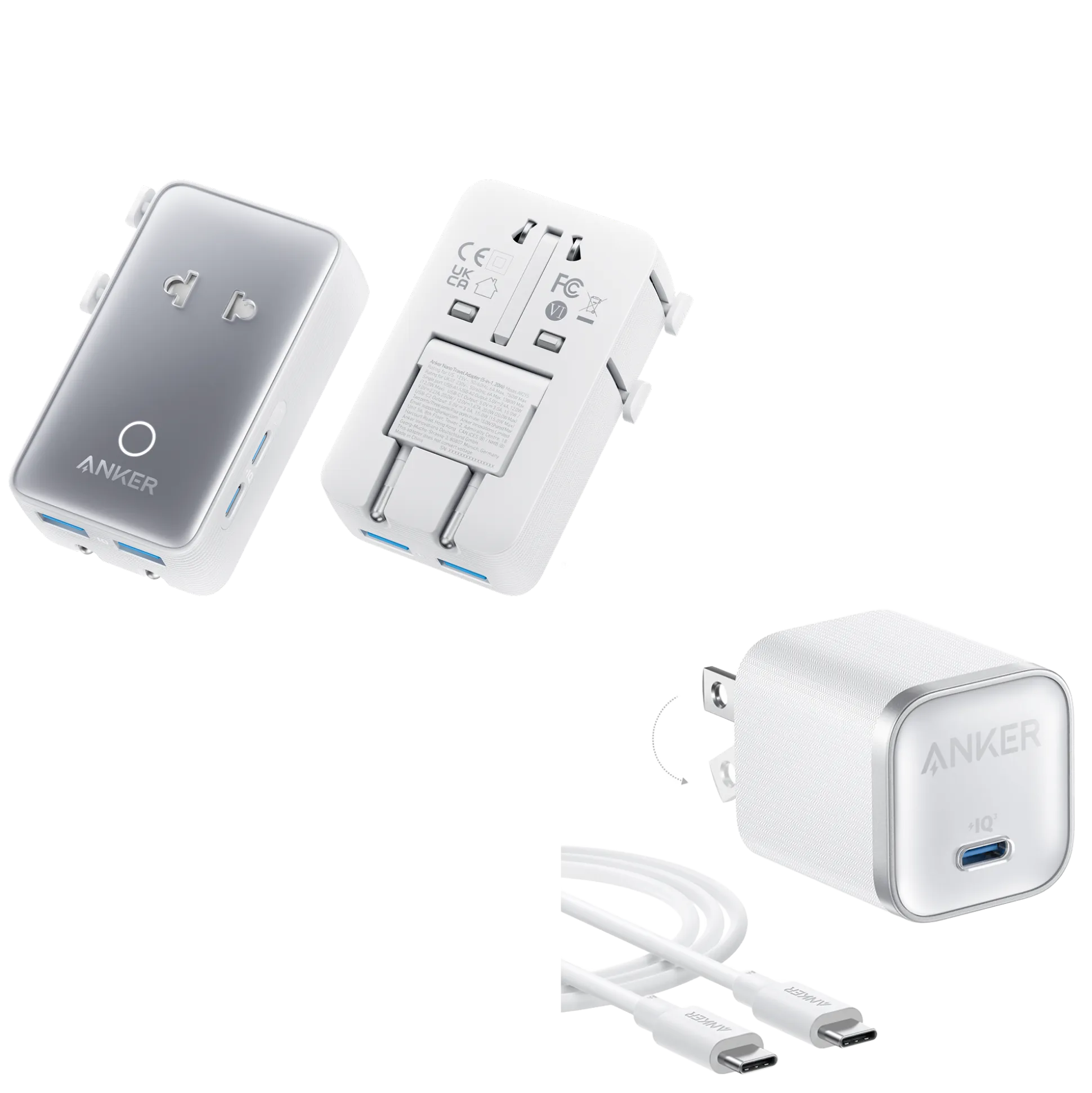 Anker Nano Travel Adapter (5-in-1, 20W, 1-Pack) and Anker Nano Charger (45W) with USB-C to USB-C Cable