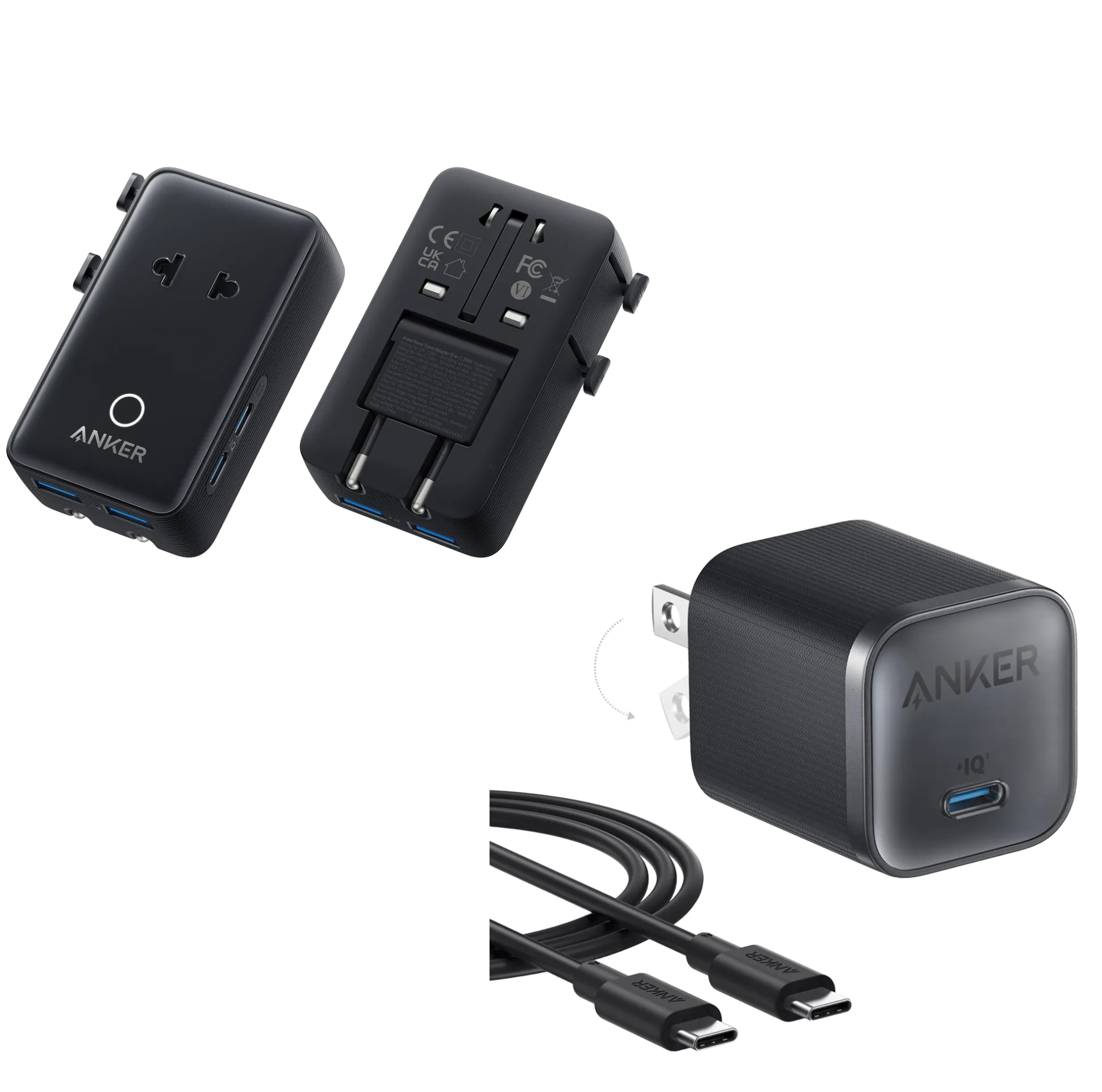 Anker Nano Travel Adapter (5-in-1, 20W, 1-Pack) and Anker Nano Charger (45W) with USB-C to USB-C Cable