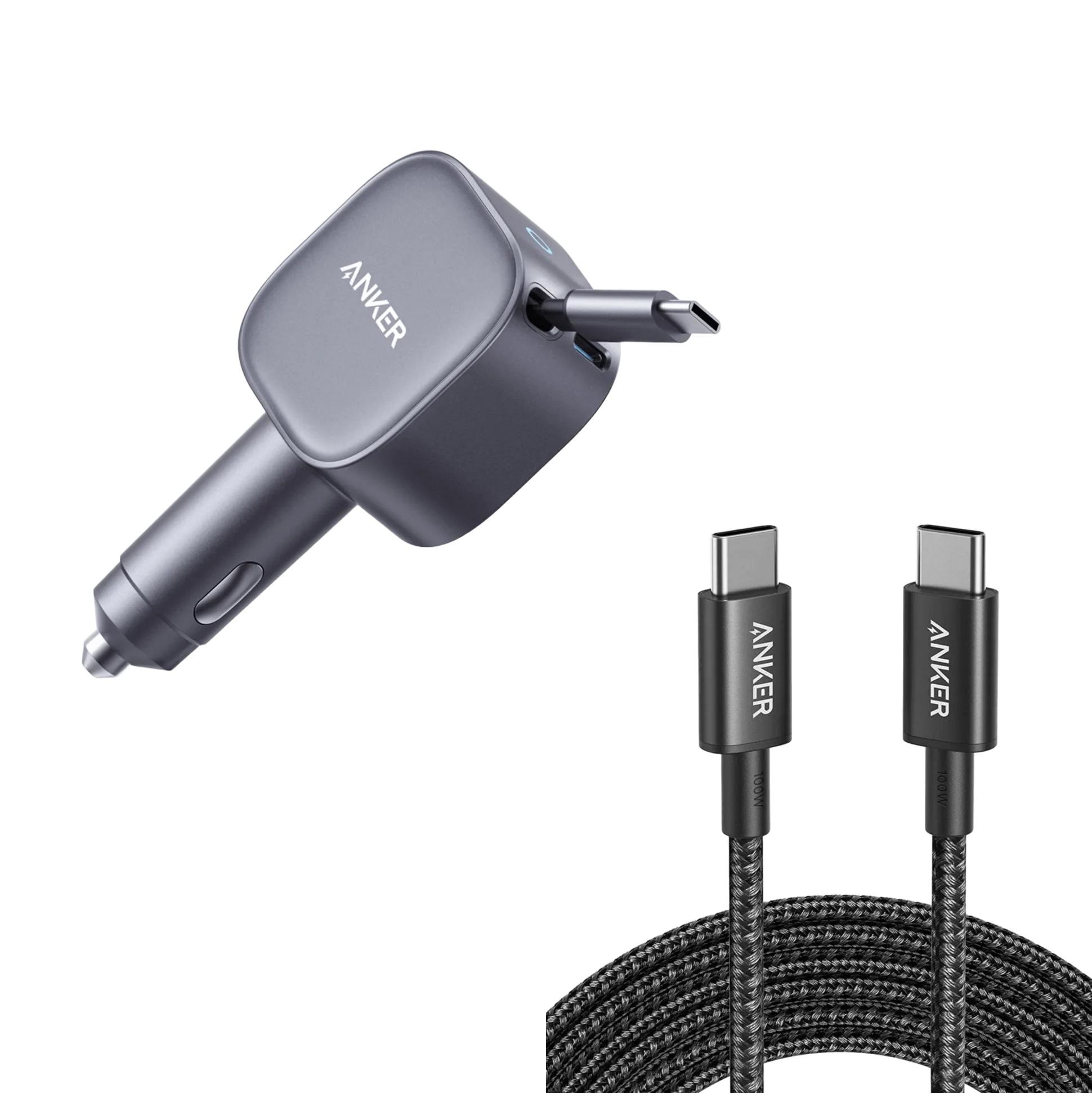 Anker Nano 75W Car Charger and New Nylon USB-C to USB-C 100W Cable (10 ft)