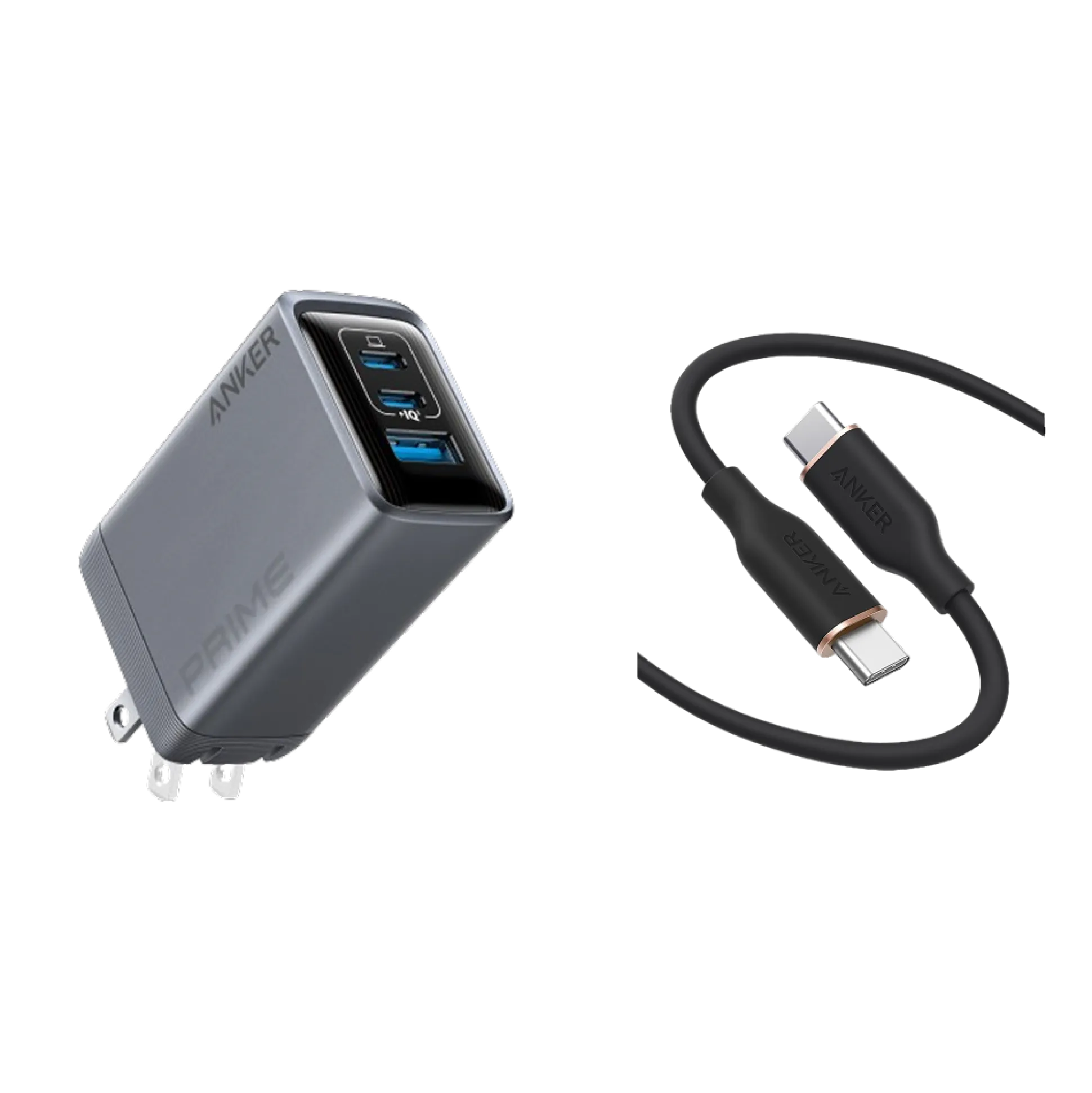 Anker Prime Charger (100W, 3 Ports, GaN) and Anker 643 USB-C to USB-C Cable (Flow, Silicone)
