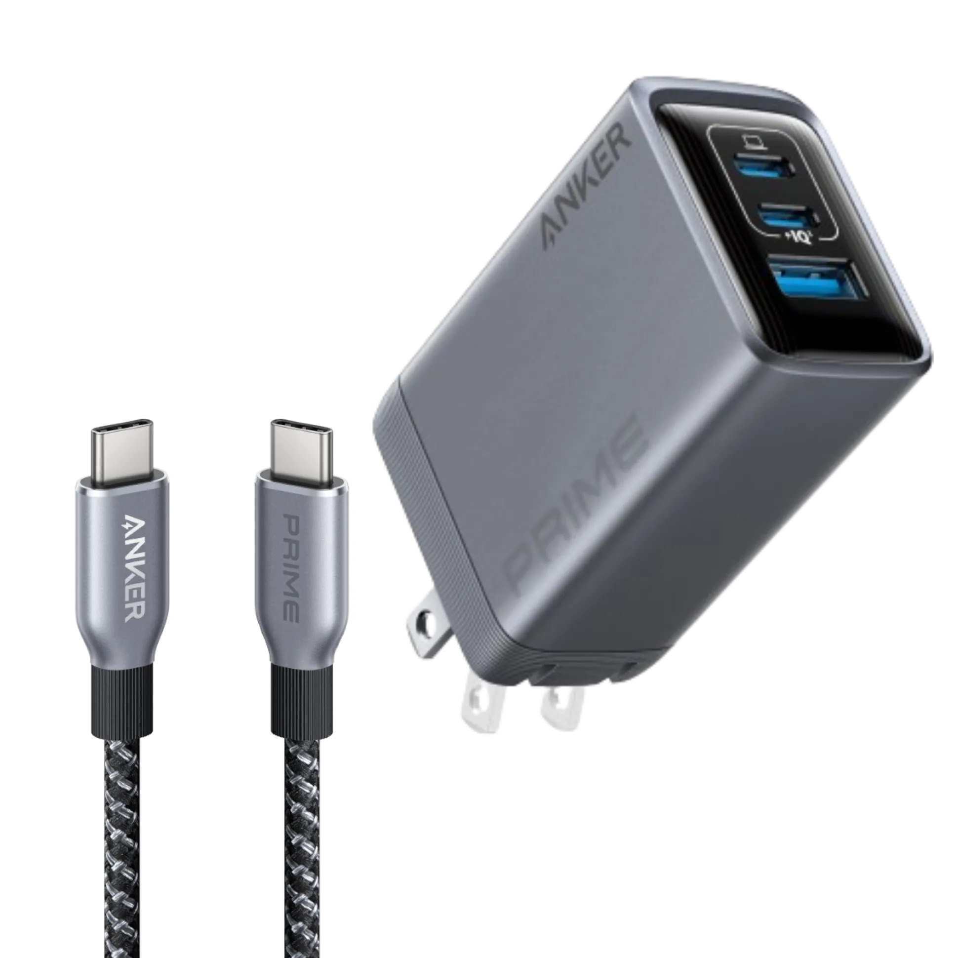 Anker Prime Charger (100W, 3 Ports, GaN) and Anker Prime USB-C to USB-C Cable (240W, Upcycled-Braided)