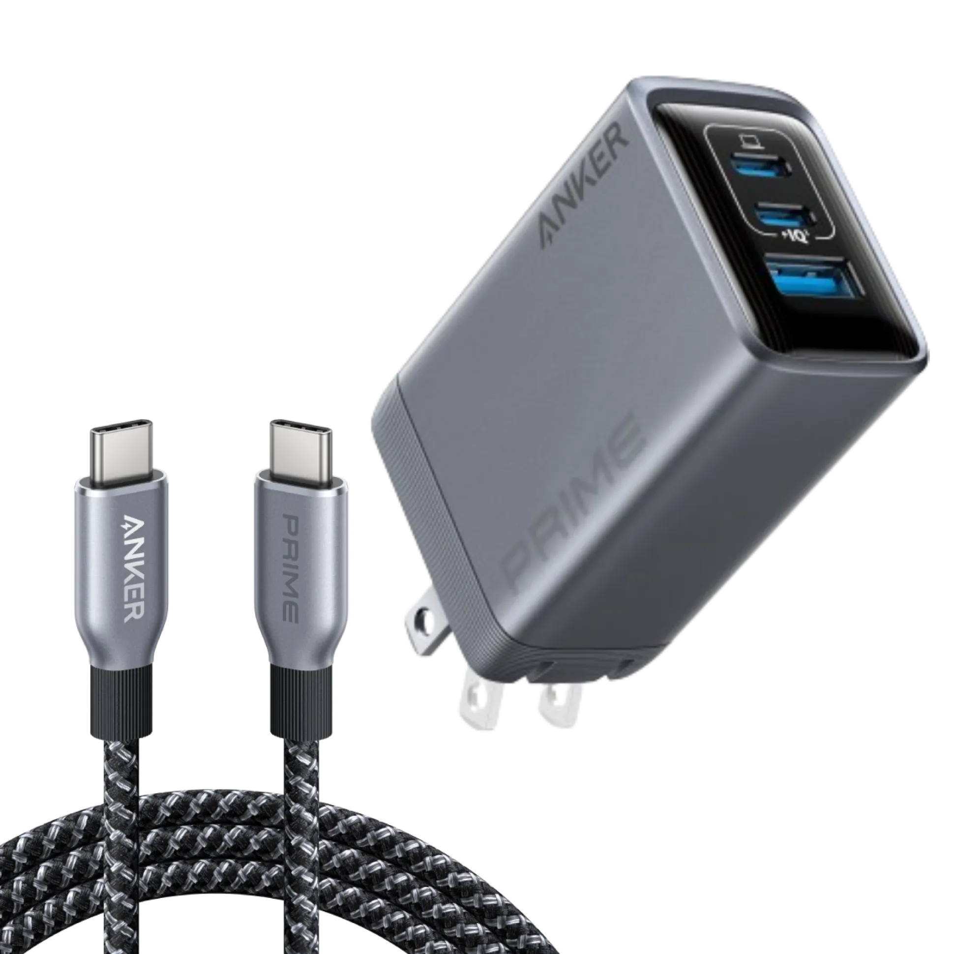 Anker Prime Charger (100W, 3 Ports, GaN) and Anker Prime USB-C to USB-C Cable (240W, Upcycled-Braided)