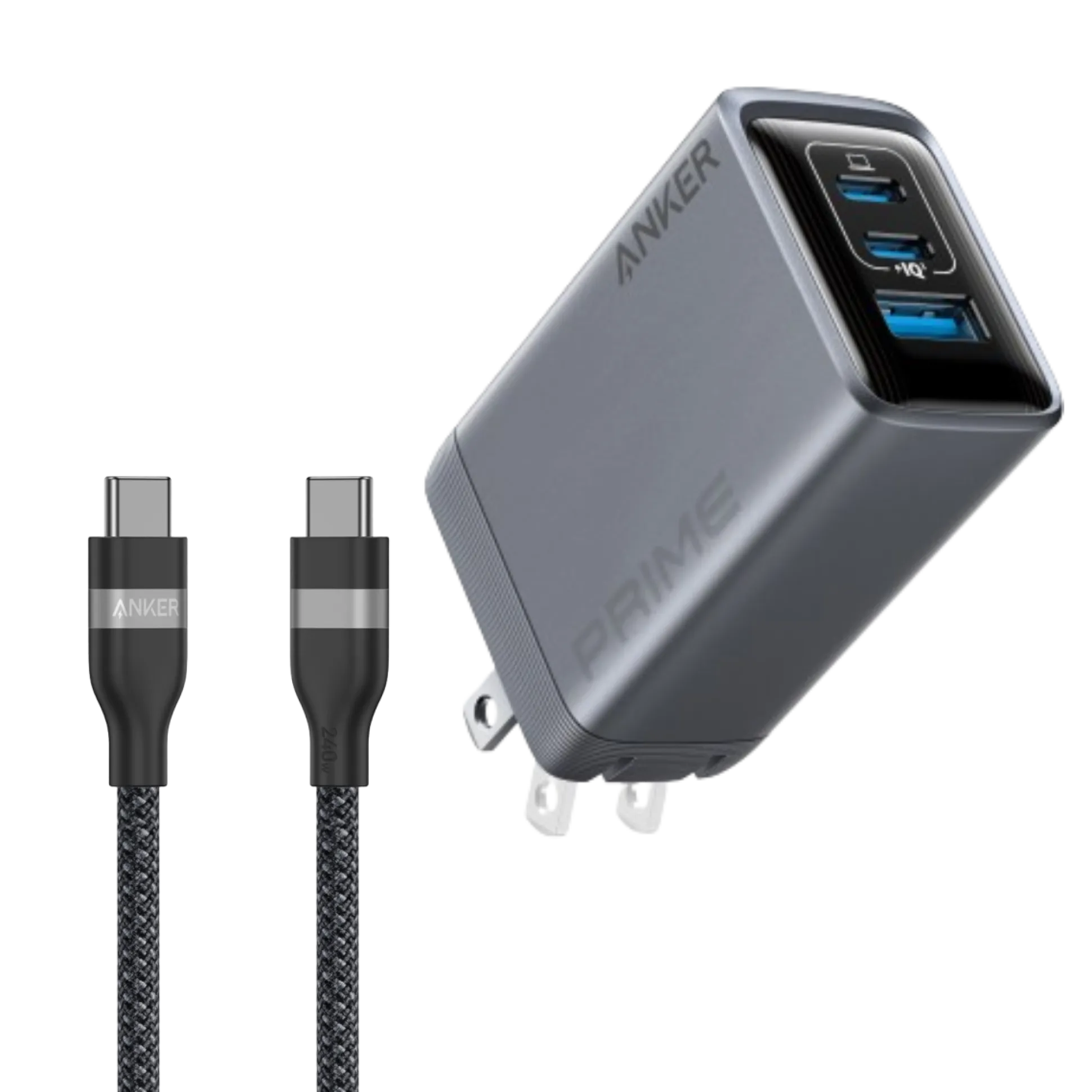 Anker Prime Charger (100W, 3 Ports, GaN) and Anker USB-C to USB-C Cable (3 ft / 6 ft, 240W, Upcycled-Braided)