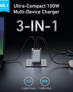 Anker Prime Charger (100W, 3 Ports, GaN) and Anker USB-C to USB-C Cable (3 ft / 6 ft, 240W, Upcycled-Braided)