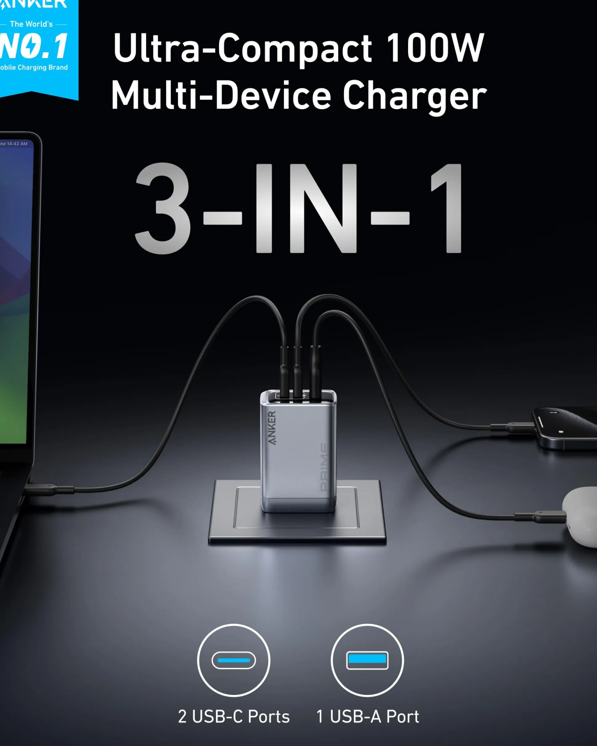 Anker Prime Charger (100W, 3 Ports, GaN) and Anker USB-C to USB-C Cable (3 ft / 6 ft, 240W, Upcycled-Braided)