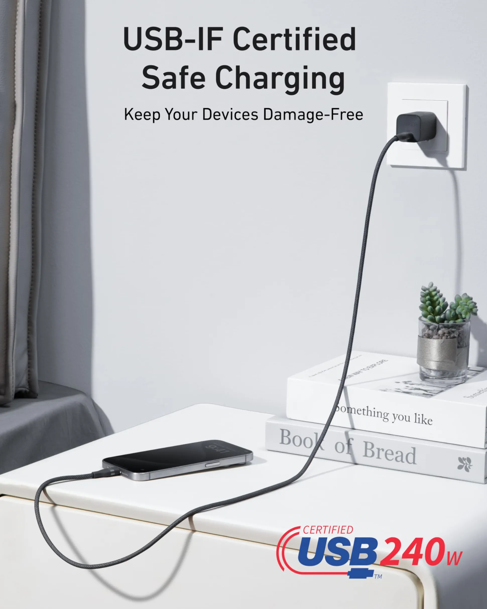 Anker Prime Charger (100W, 3 Ports, GaN) and Anker USB-C to USB-C Cable (3 ft / 6 ft, 240W, Upcycled-Braided)