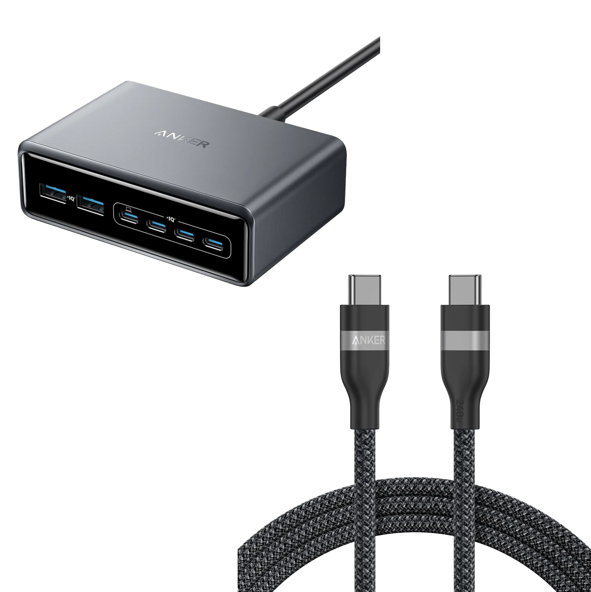 Anker Prime Charger (200W, 6 Ports, GaN) and Anker USB-C to USB-C Cable (6 ft, 240W, Upcycled-Braided)