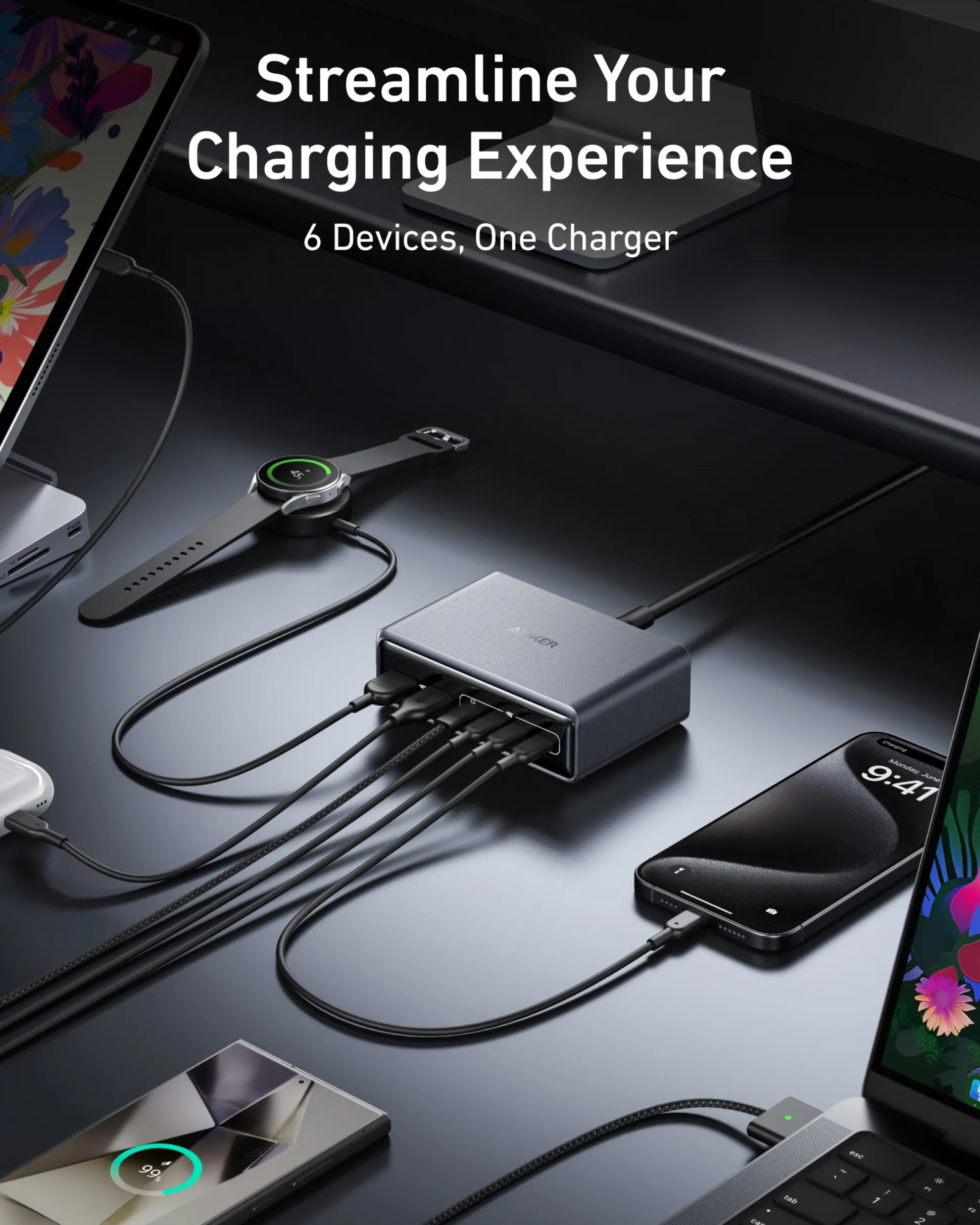 Anker Prime Charger (200W, 6 Ports, GaN) and Anker USB-C to USB-C Cable (6 ft, 240W, Upcycled-Braided)