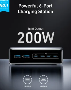 Anker Prime Charger (200W, 6 Ports, GaN) and USB-C to USB-C 100W Cable (10 ft)