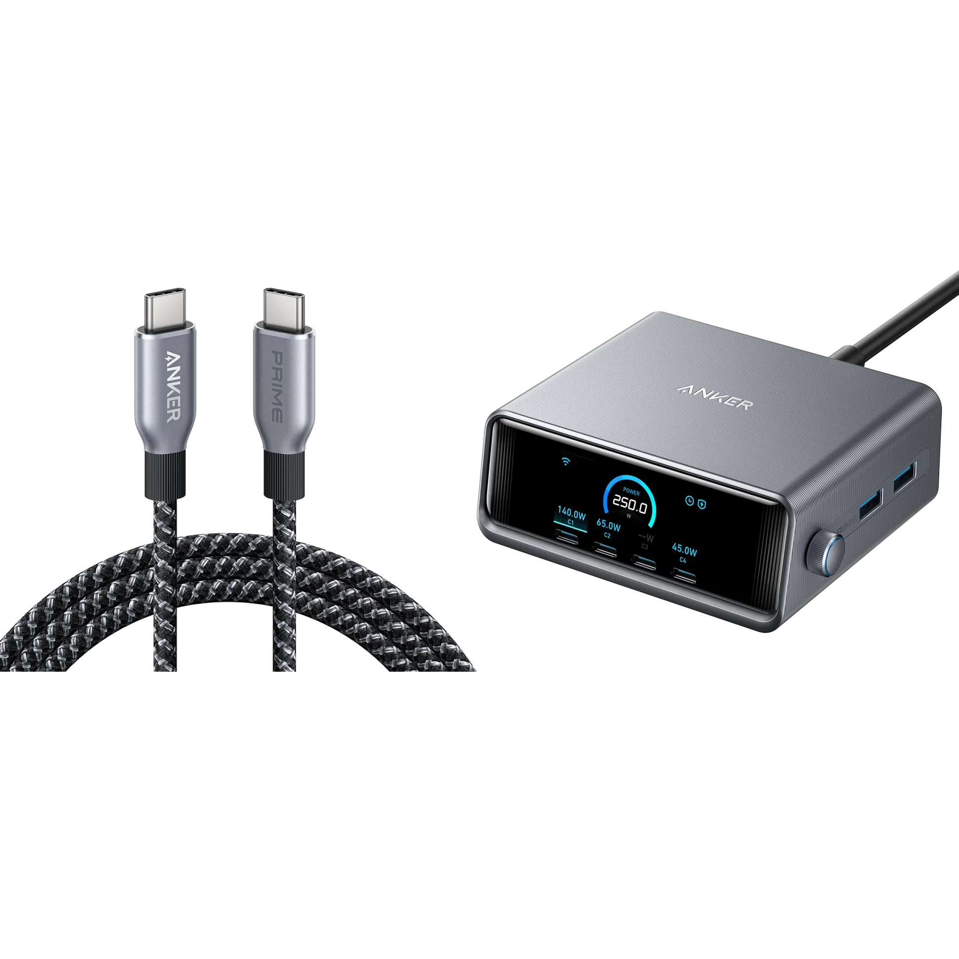 Anker Prime Charger (250W, 6 Ports, GaNPrime) with USB-C to USB-C Cable (240W)