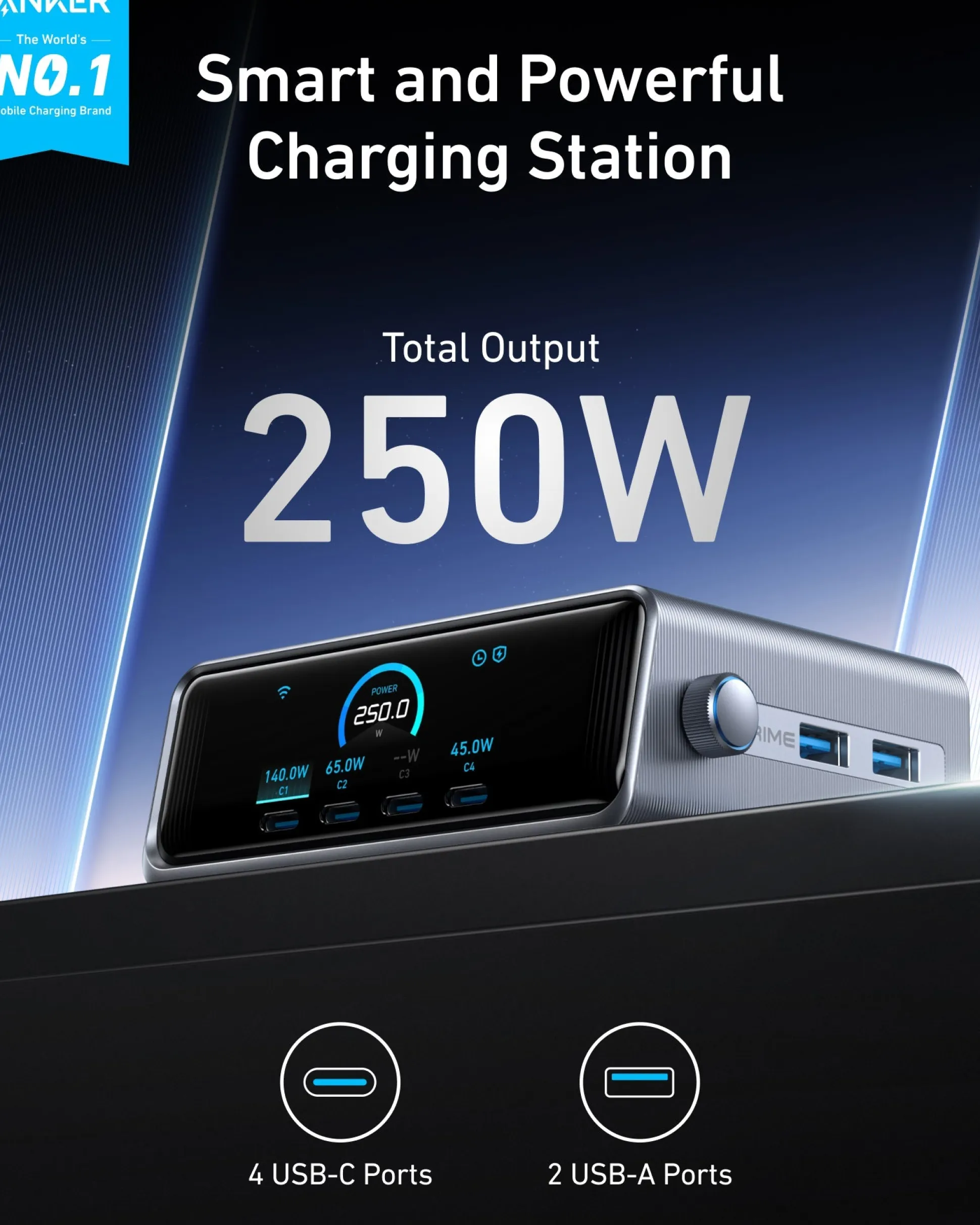 Anker Prime Charger (250W, 6 Ports, GaNPrime) with USB-C to USB-C Cable (240W)