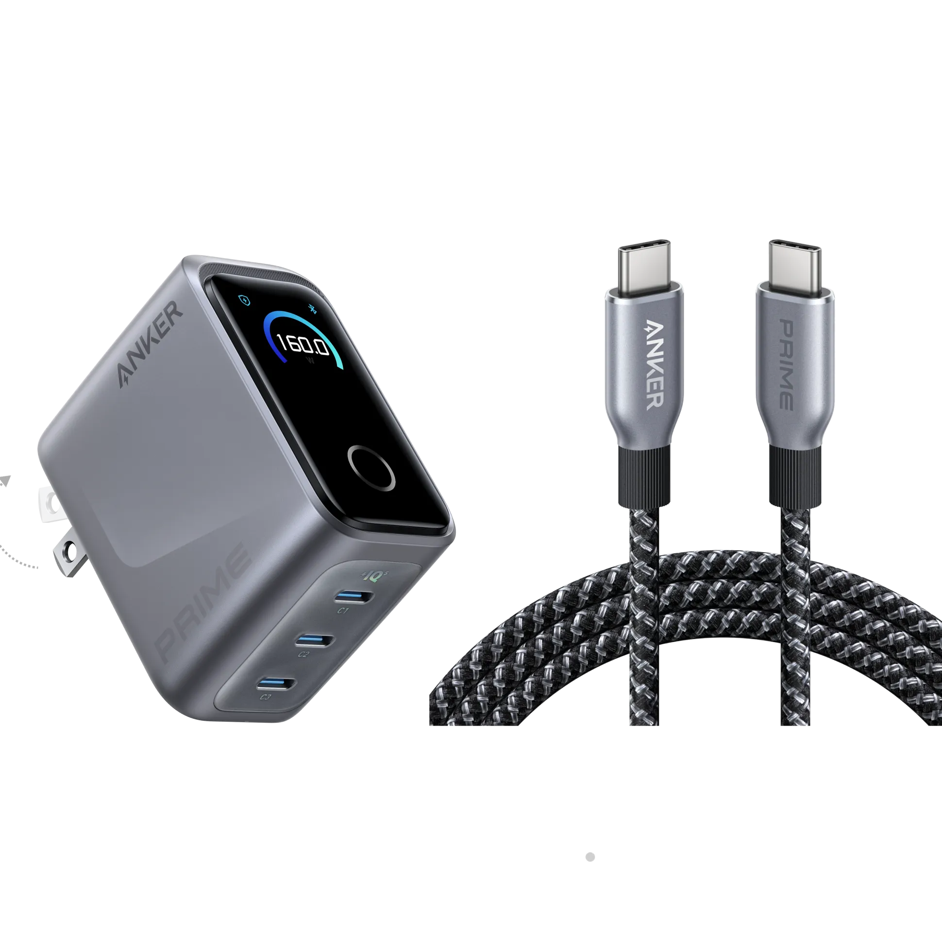 Anker Prime Charger (160W, 3 Ports, Smart Display) with Anker Prime USB-C to USB-C Cable (240W, Upcycled-Braided)