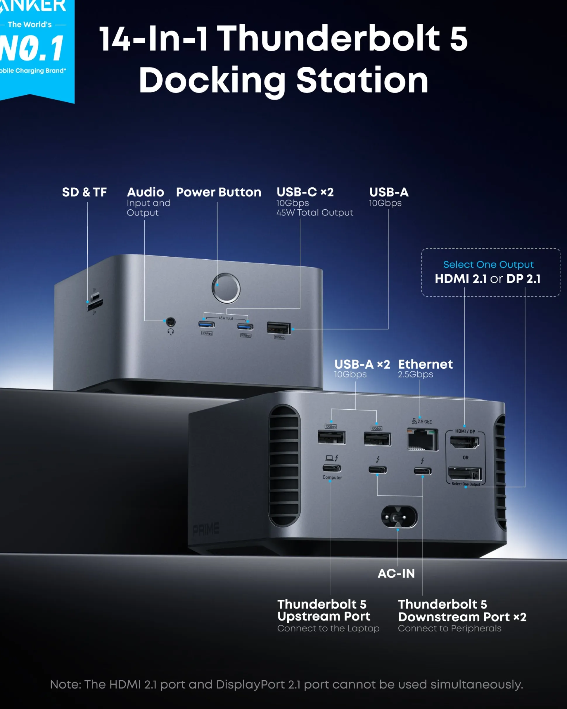 Anker Prime TB5 Docking Station (14-in-1, 8K, Thunderbolt 5 ) and Thunderbolt 5 Cable (3.3 ft, 80Gbps, 240W)