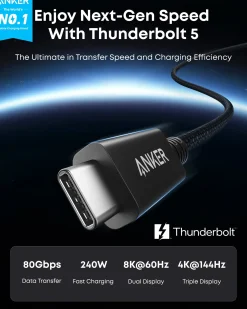 Anker Prime Thunderbolt 5 Cable (3.3 ft / 1.7 ft, 80 Gbps, 240W)