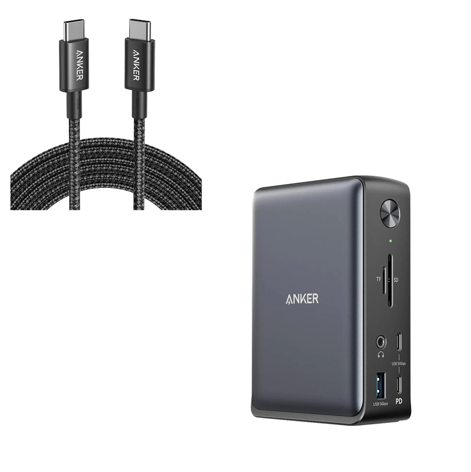 Anker 575 USB-C Docking Station (13-in-1) and New Nylon USB-C to USB-C 100W Cable (10 ft)