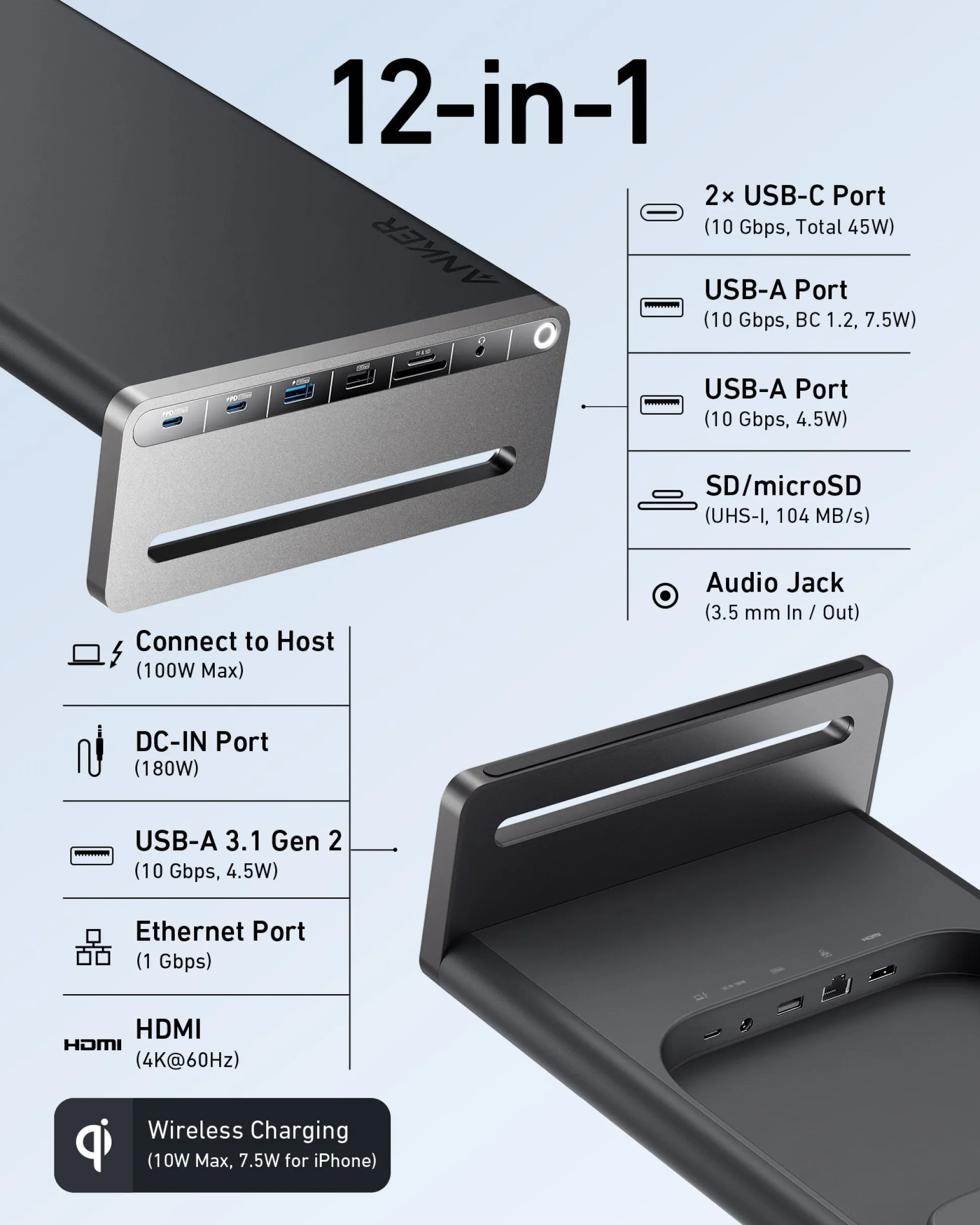 Anker 675 USB-C Docking Station (12-in-1, Monitor Stand, Wireless)