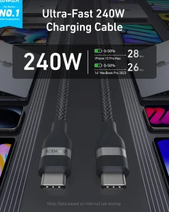 Anker USB-C to USB-C Cable (3 ft / 6 ft, 240W, Upcycled-Braided, 2-Pack)