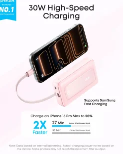 Anker Zolo Power Bank (10K, 30W) with a 5.4-inch (13.7 cm) built-in USB-C cable.