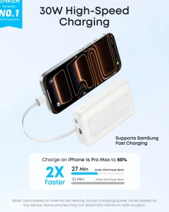 Anker Zolo Power Bank (10K, 30W) with a 5.4-inch (13.7 cm) built-in USB-C cable.