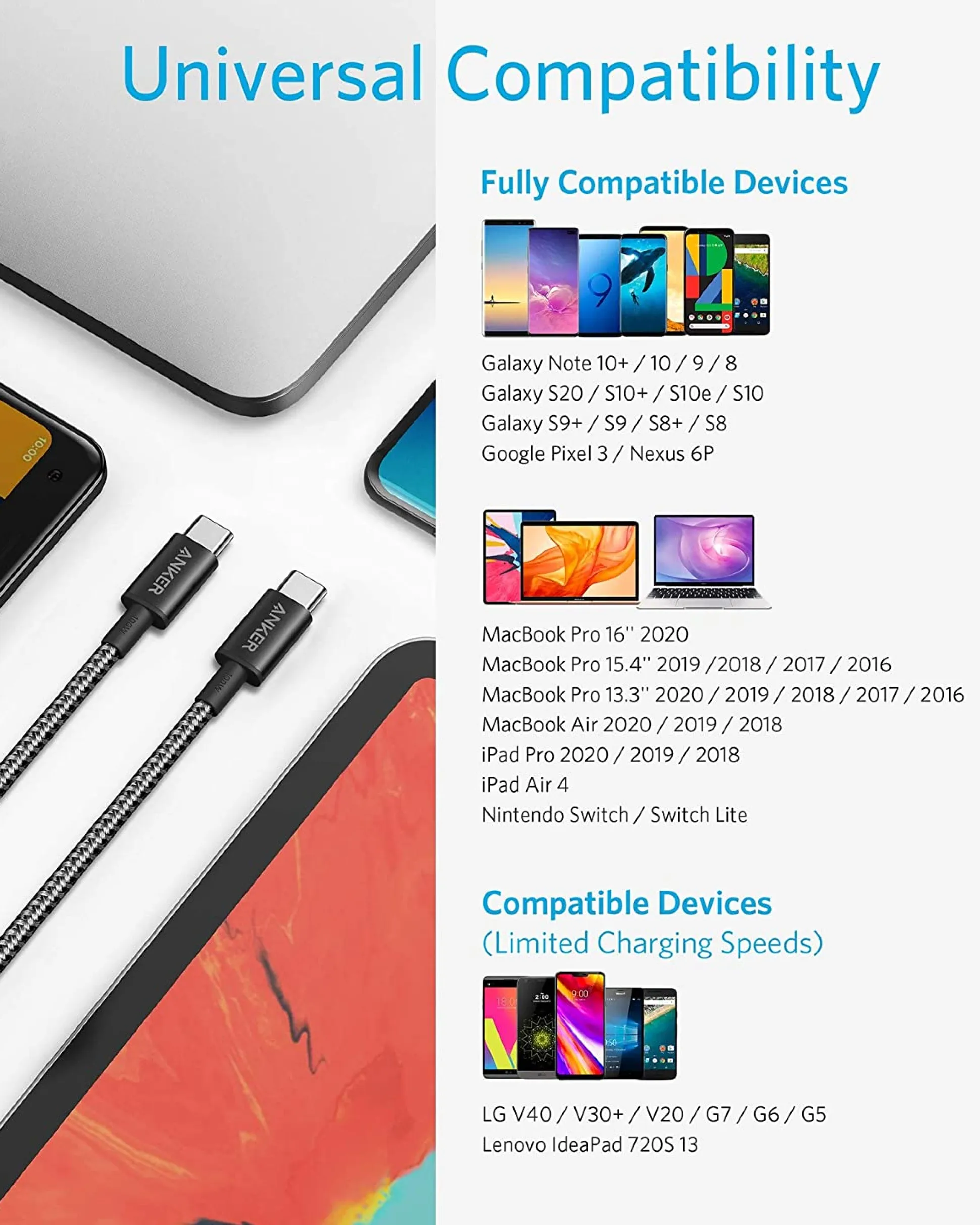 New Nylon USB-C to USB-C 100W Cable (10 ft)