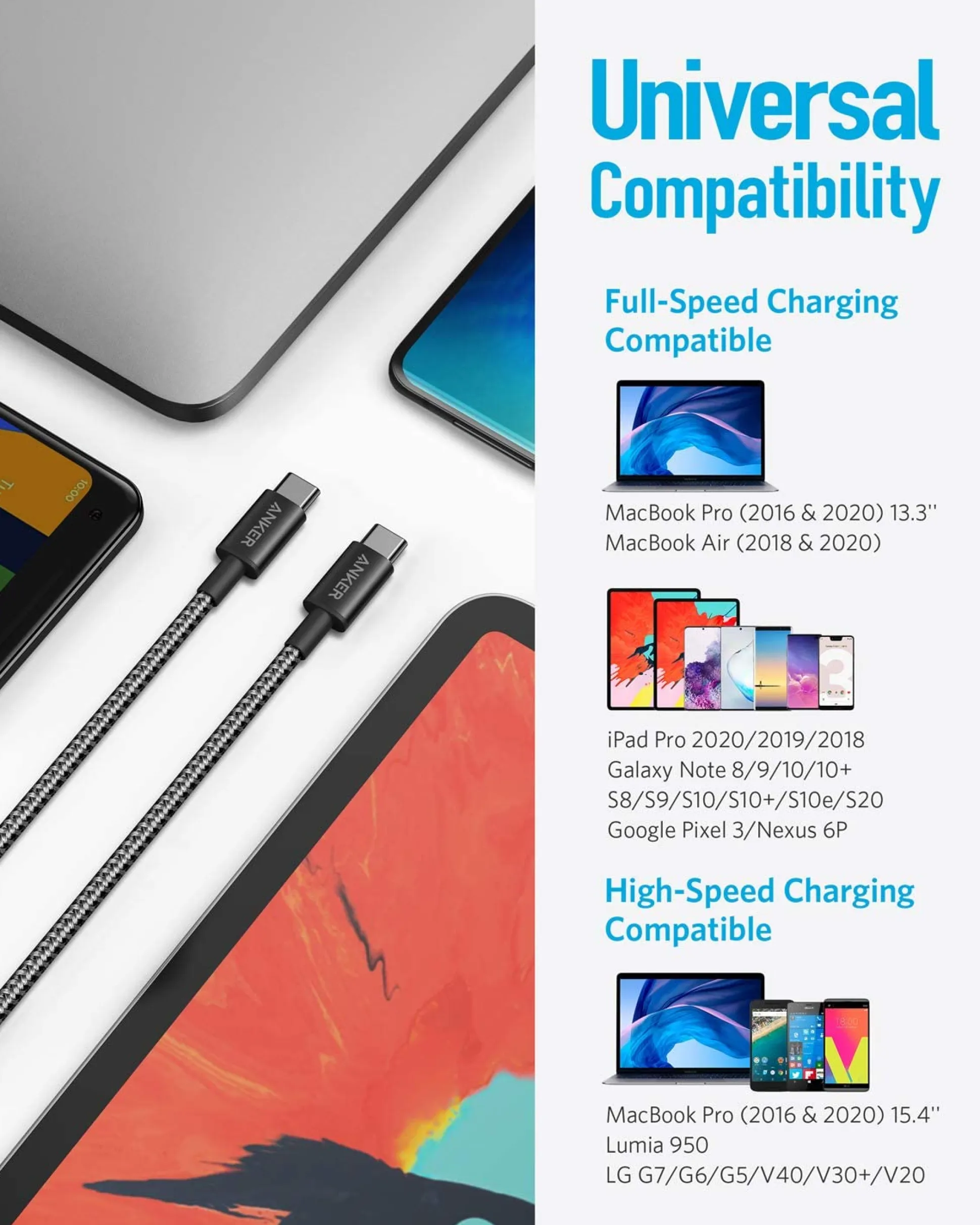 2-Pack New Nylon USB C to USB C Cable (3.3 ft 60W)