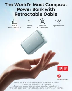 Refurbished Anker Nano Power Bank (10K, 45W, Built-In Retractable USB-C Cable)