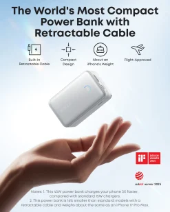Refurbished Anker Nano Power Bank (10K, 45W, Built-In Retractable USB-C Cable)